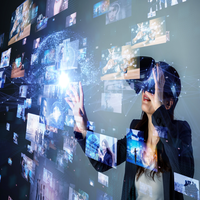 A woman in a VR headset is looking up and is surrounded by imposed images of colourful screens.